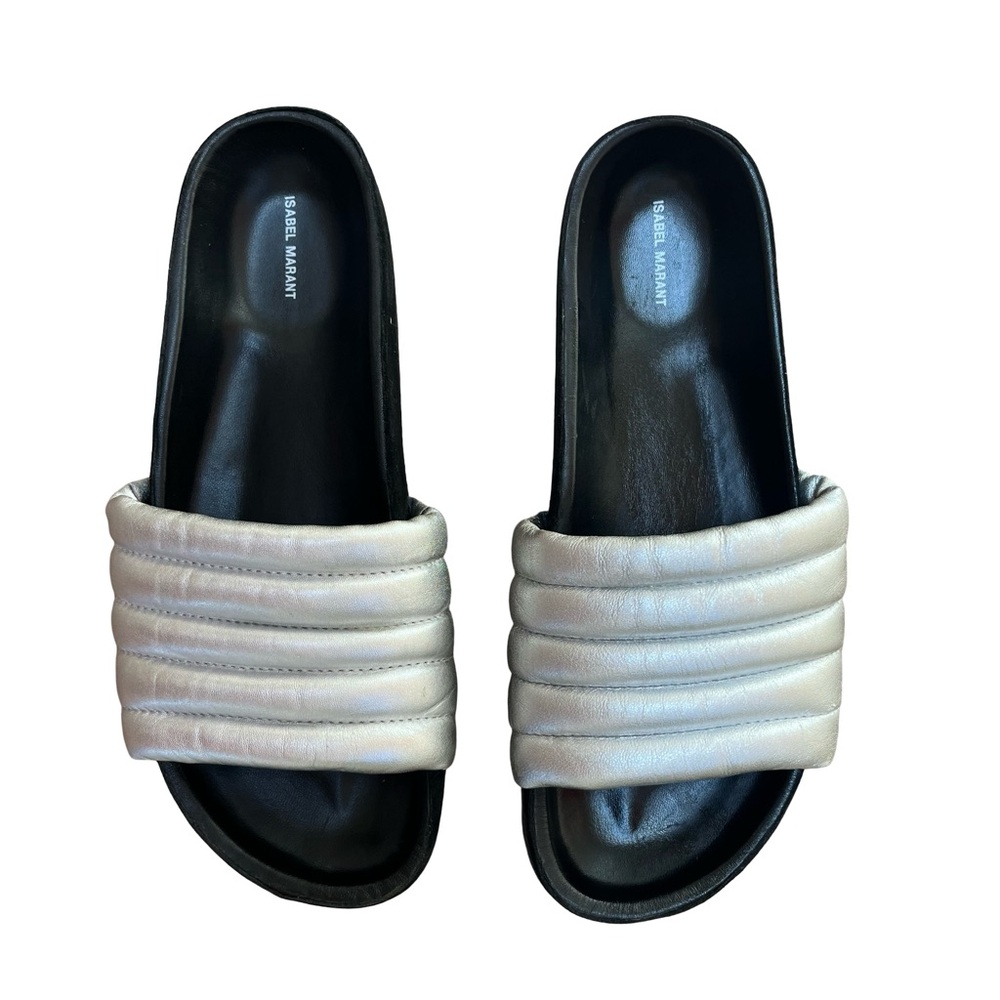 Isabel Marant Helea Silver Slides Sz 39/ 8.5 Leather Upper and Suede Siding - Picture 3 of 9